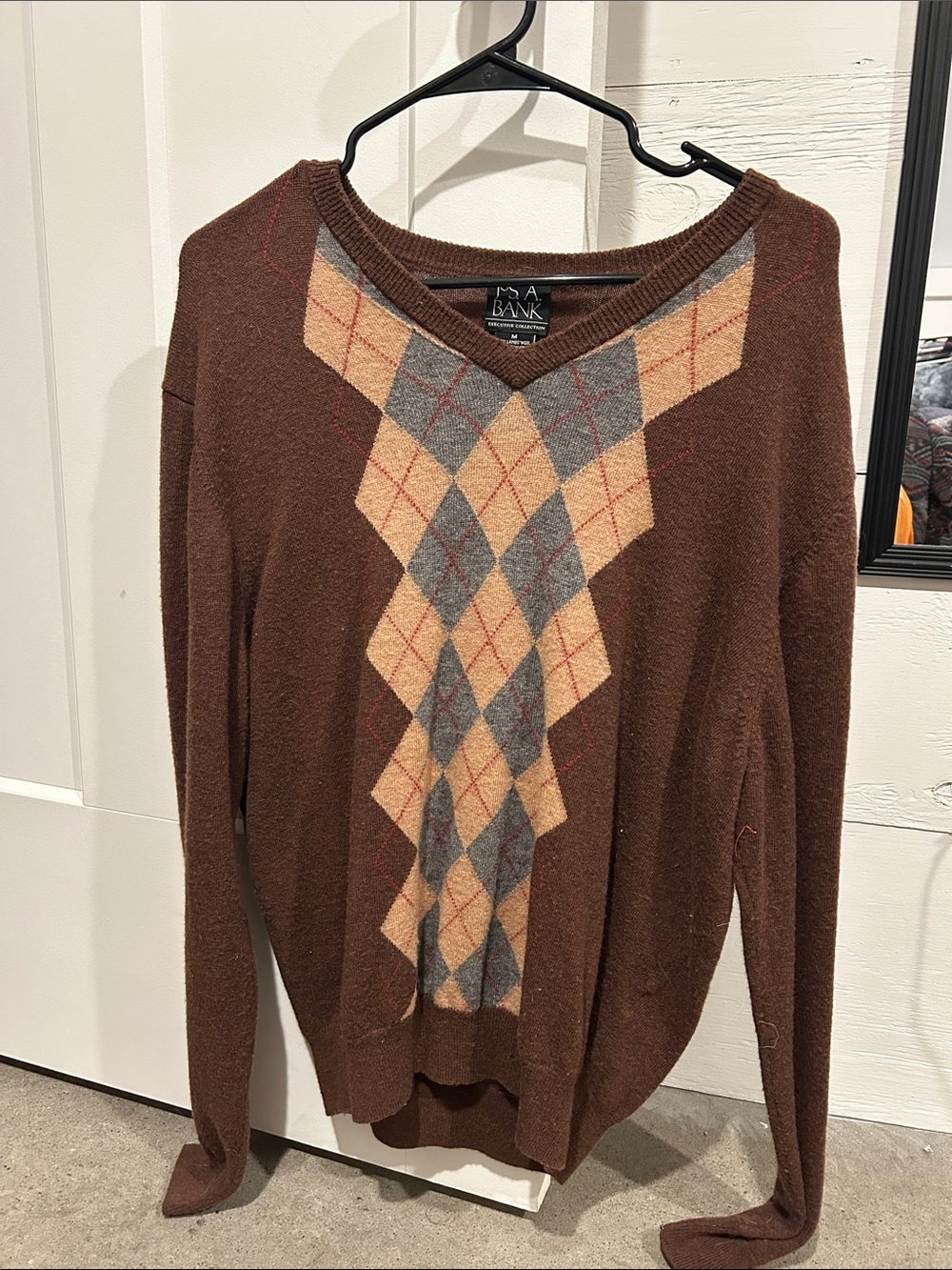 Jos. A. Bank Brown V-Neck Sweater with Tan and Gray Argyle